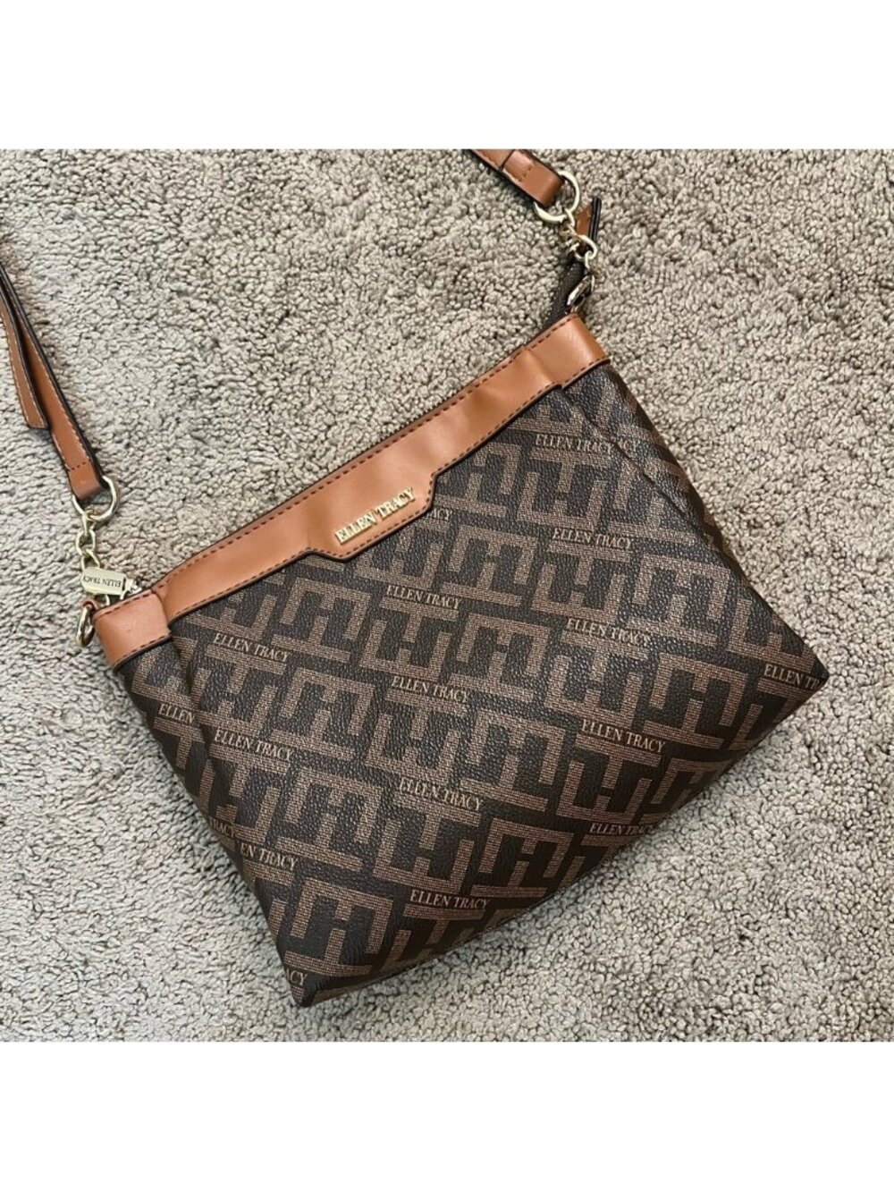 Ellen Tracy Signature Monogram Zip Medium Crossbody Bag Brown Faux Leather Purse